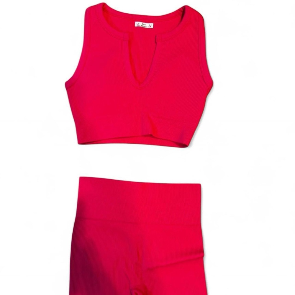 Vibrant Pink Ribbed Crop Top and Leggings Set